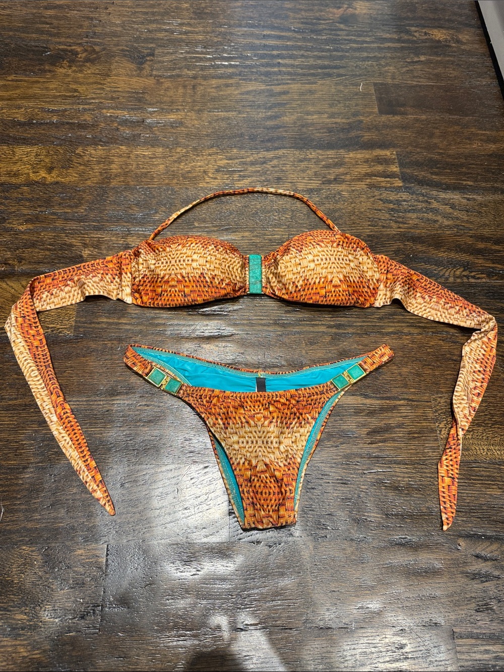 Woven-Texture Orange Bandeau Bikini with Turquoise Trim